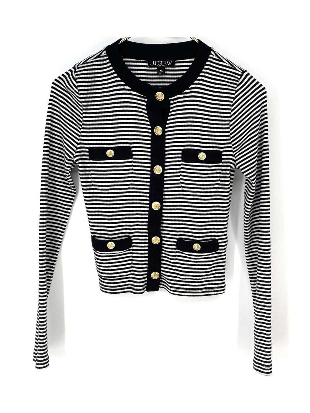 J.Crew Vintage Rib Lady Jacket XS Black White Stripe Gold Button Cardigan - Picture 1 of 7